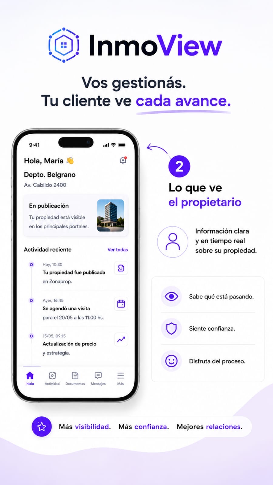 Portal del propietario en InmoView: estado de la propiedad, actividad reciente y novedades en tiempo real desde el celular.